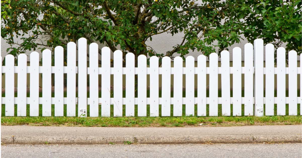 Palissade de jardin en bois blanc devant un arbre et une pelouse.